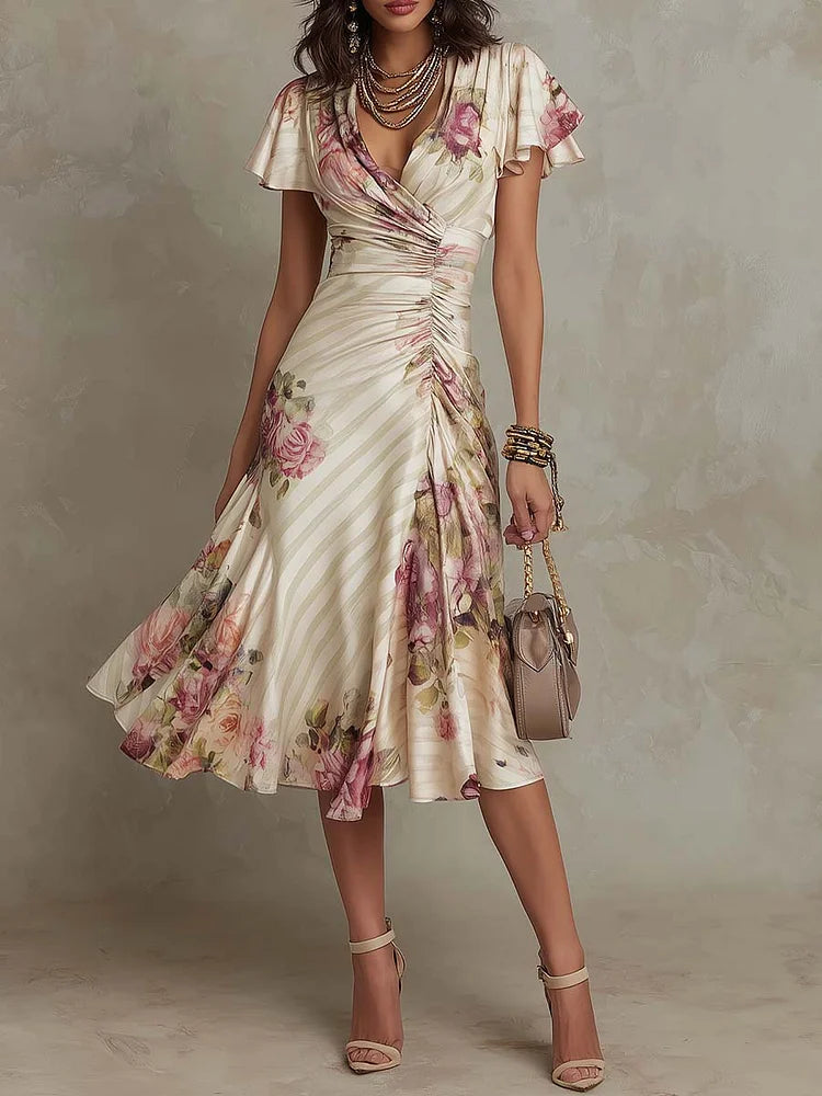 Lara | Vintage Floral Chiffon Midi Dress