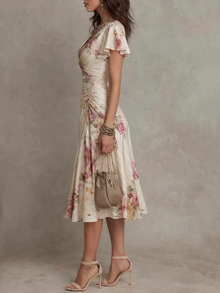Lara | Vintage Floral Chiffon Midi Dress